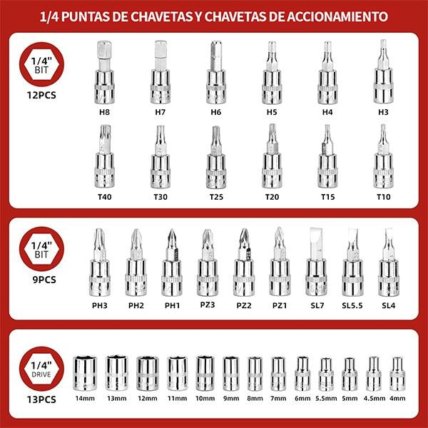  Juego de Copas y Puntas 1/4" 46 Piezas con Ratchet y Estuche
