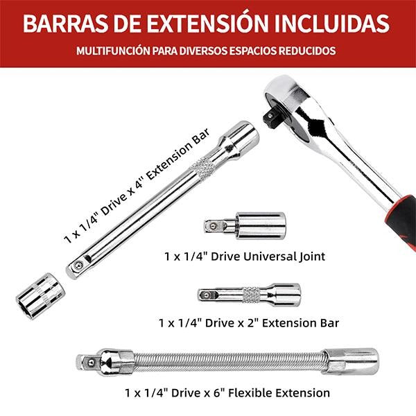  Juego de Copas y Puntas 1/4" 46 Piezas con Ratchet y Estuche