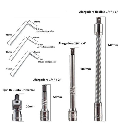  Juego de Copas y Puntas 1/4" 46 Piezas con Ratchet y Estuche